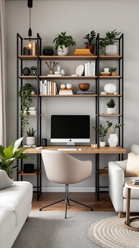 A modern room divider shelf serves as a workspace in a stylish living room setting.