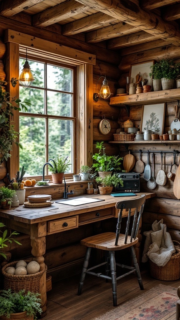 A rustic cabin kitchen office nook featuring a wooden desk and plants