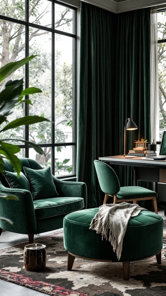 A stylish office with velvet furniture and large windows letting in natural light.