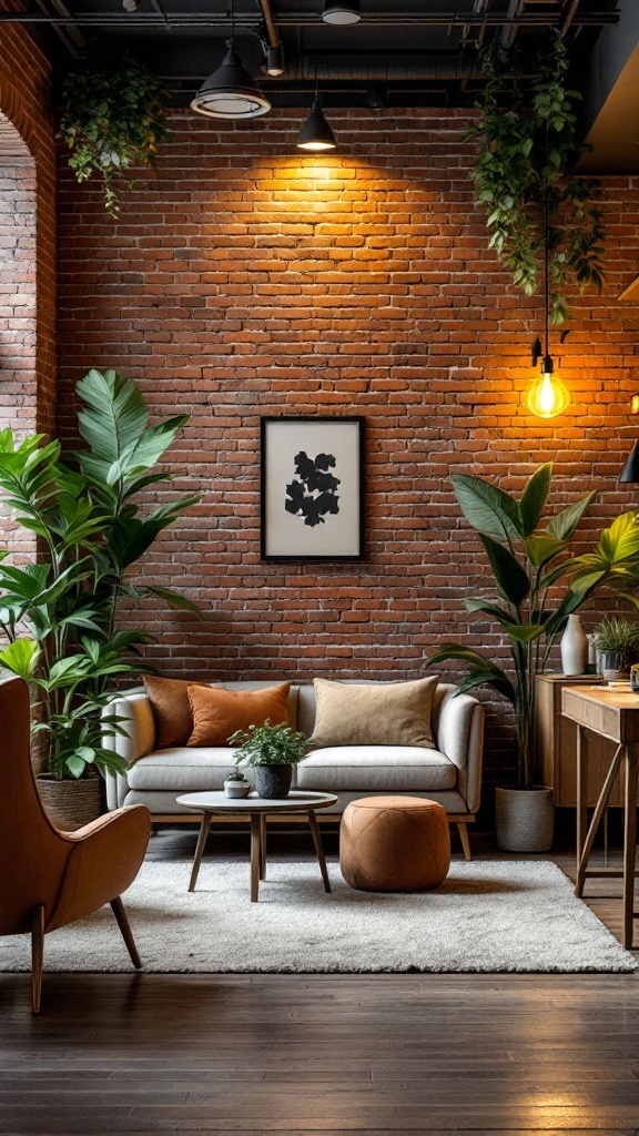 A cozy office space with exposed brick walls, plants, and stylish furniture.
