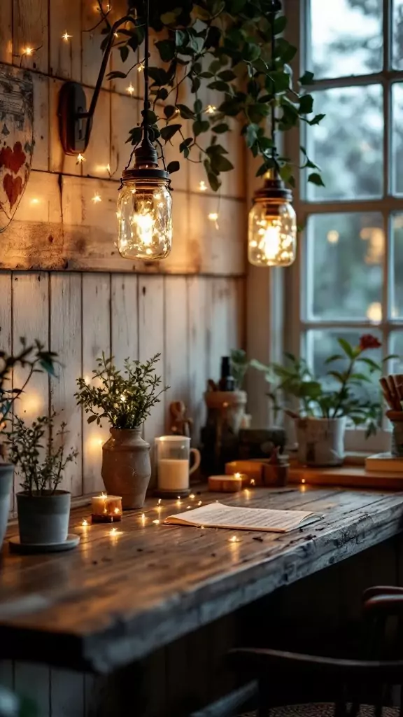 A cozy workspace featuring hanging mason jar sconces with warm lights and rustic decor.