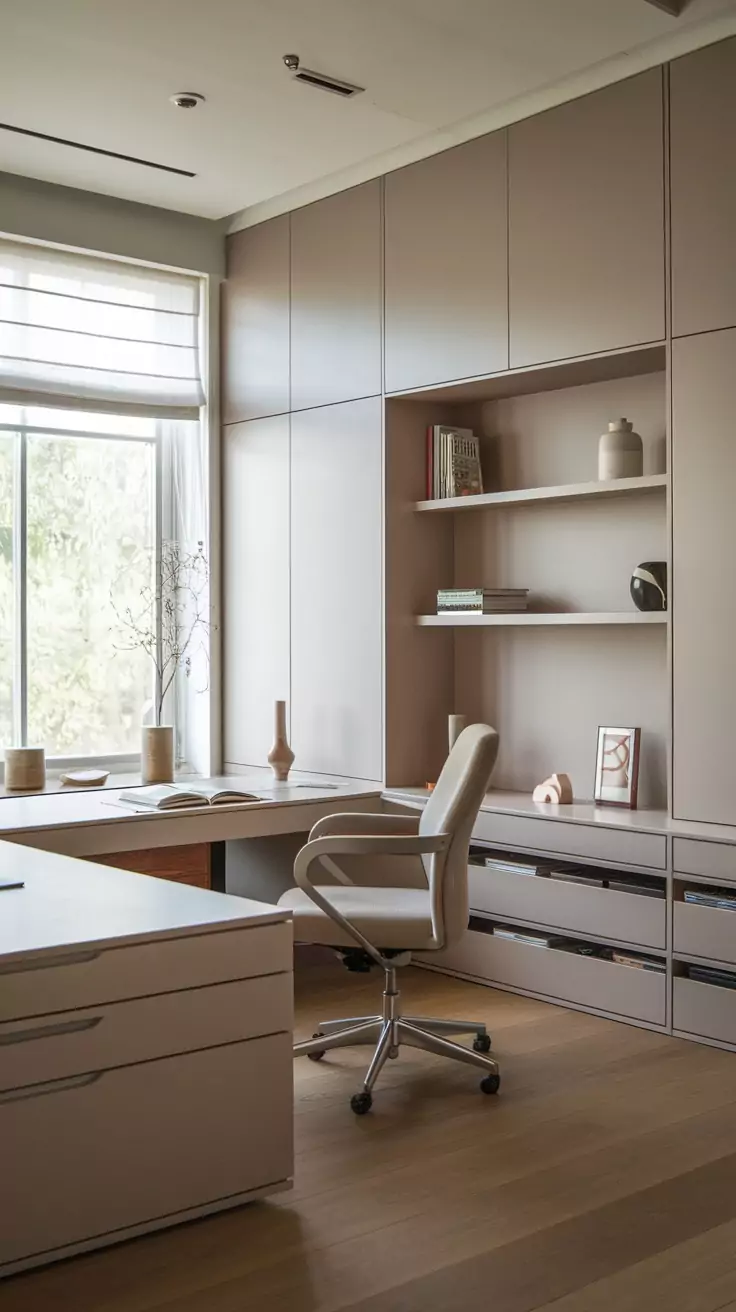 A minimalist office space featuring hidden storage solutions, including sleek cabinets and a clean desk.