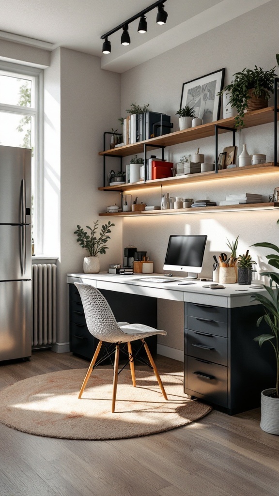A modern kitchen office nook with a sleek desk, computer, and stylish decor.