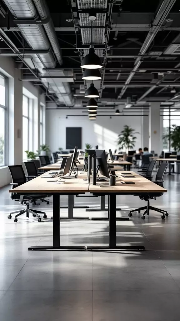 Open office layout featuring smart desk systems with computers and ergonomic chairs.