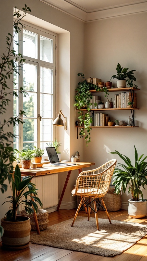 Cozy home office nook with a wooden desk by a large window, surrounded by plants.
