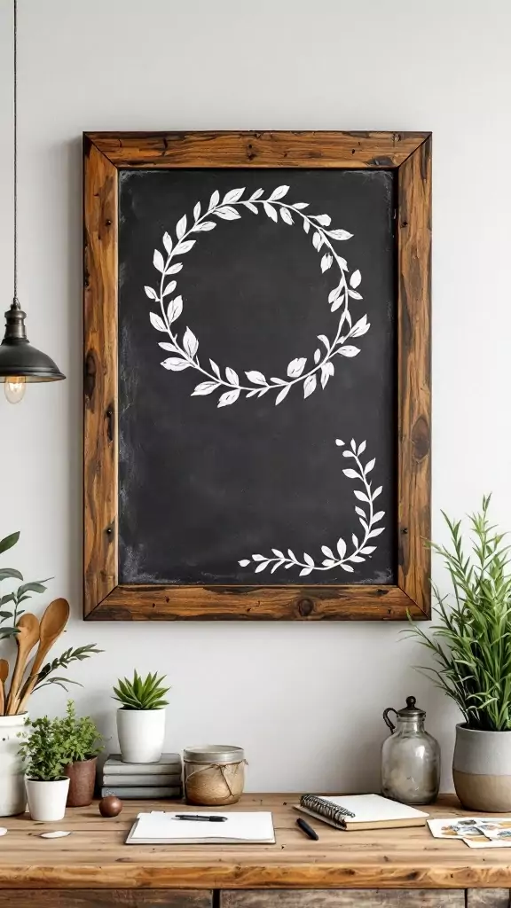 Chalkboard with wooden frame and decorative leaves, placed above a rustic workspace