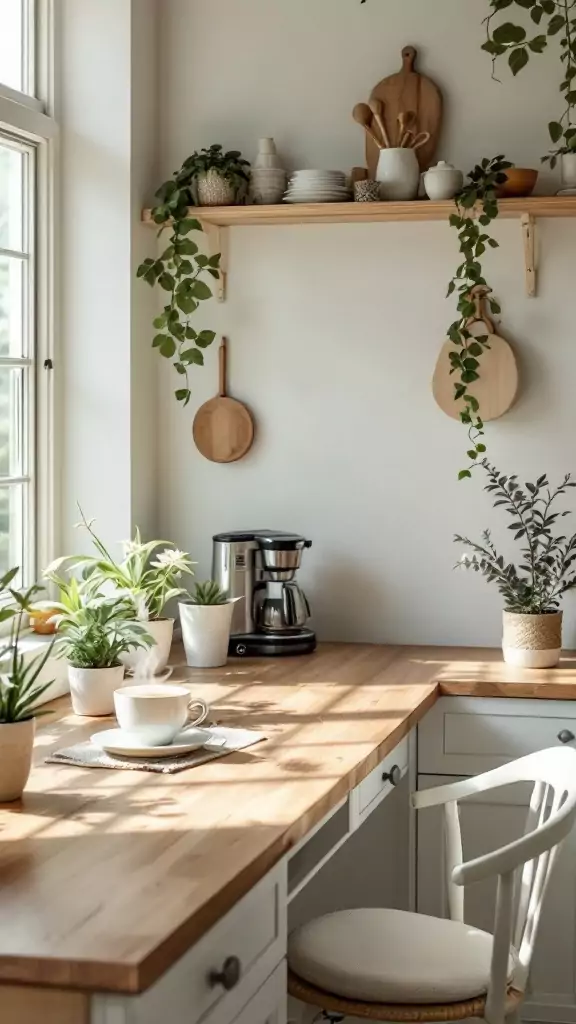 A cozy kitchen office nook with plants, a coffee maker, and a rustic desk.