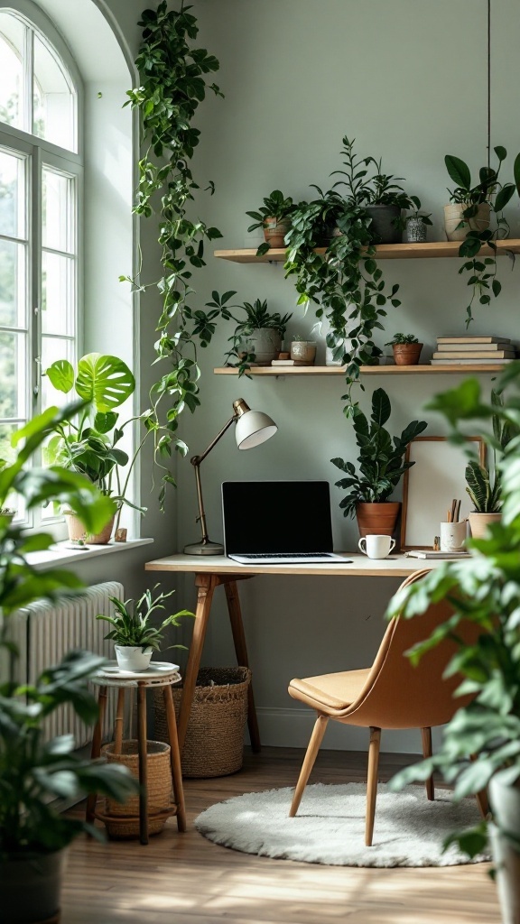 A cozy small home office nook filled with indoor plants and a desk.
