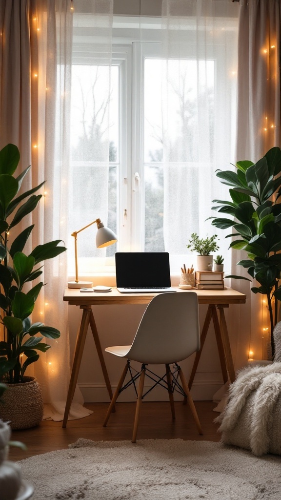A cozy mini office setup behind a curtain with a desk, computer, and plants.