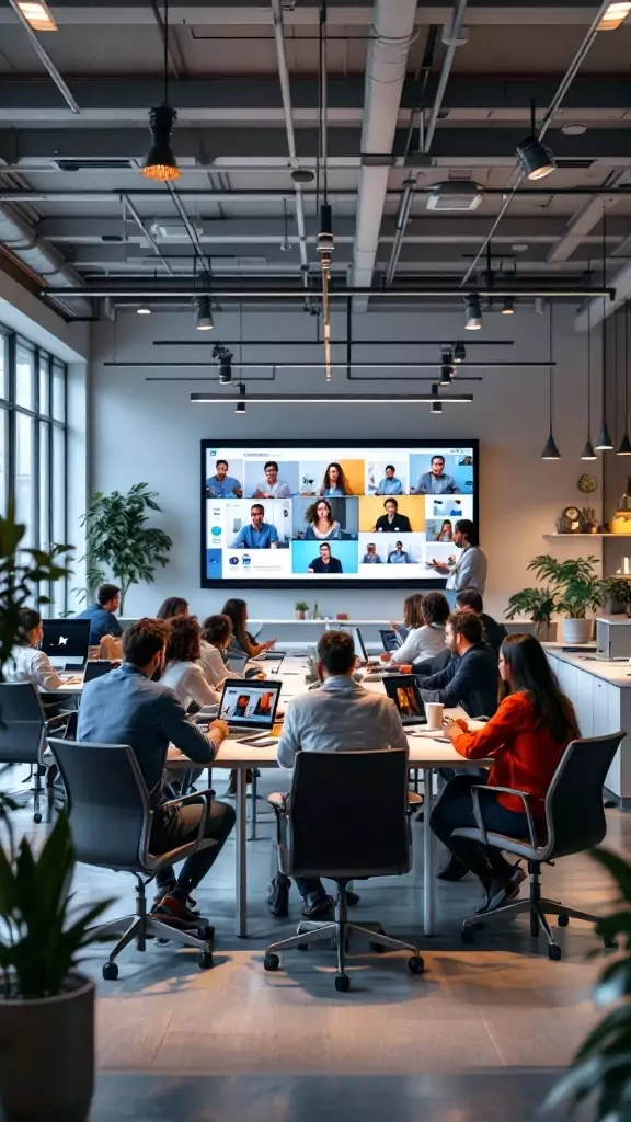 A modern office meeting room with a large screen displaying virtual participants and teams engaged in discussion.