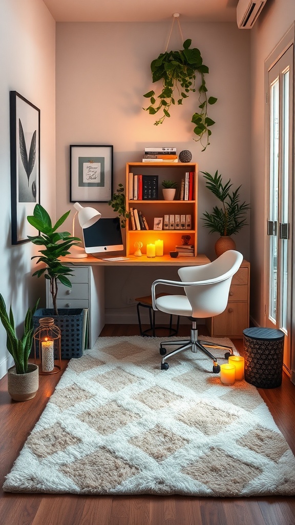 Cozy home office nook with area rug, candles, and plants