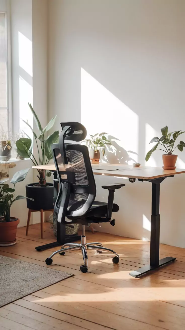 A stylish ergonomic chair and desk in a bright, plant-filled workspace.