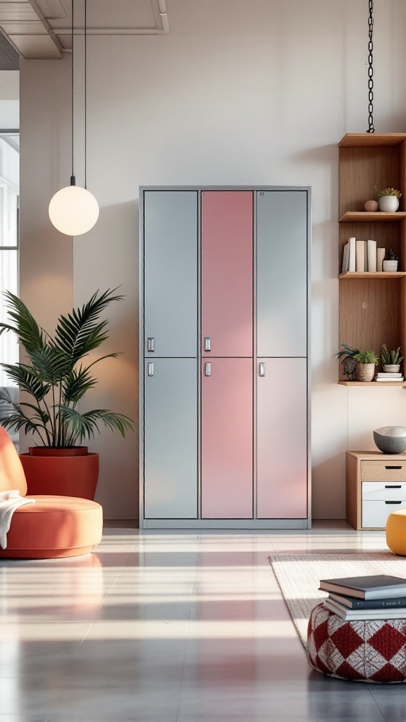 Metal locker storage cabinets in a stylish office interior