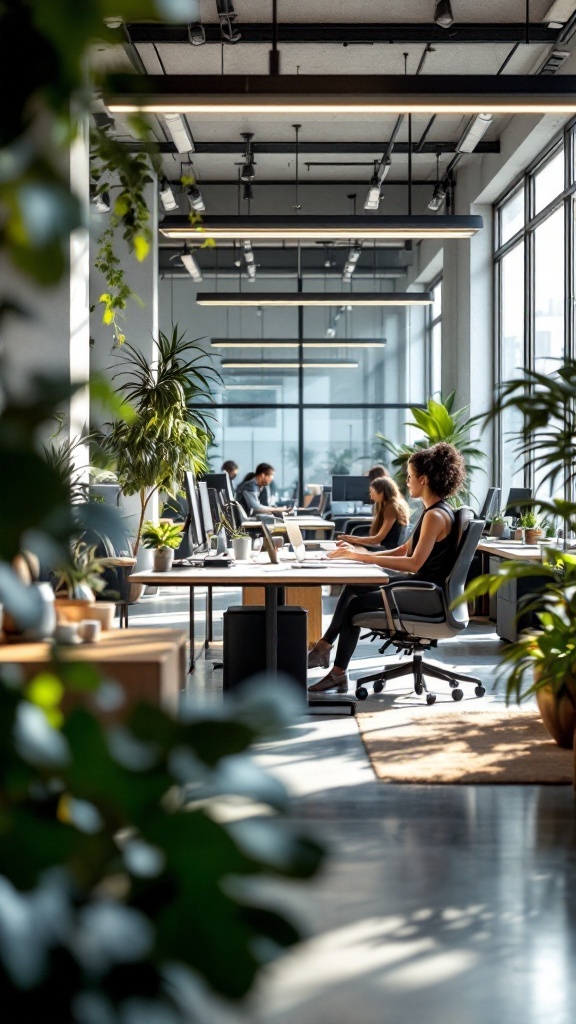 A bright and modern open office layout featuring touchdown workstations with greenery and natural light.