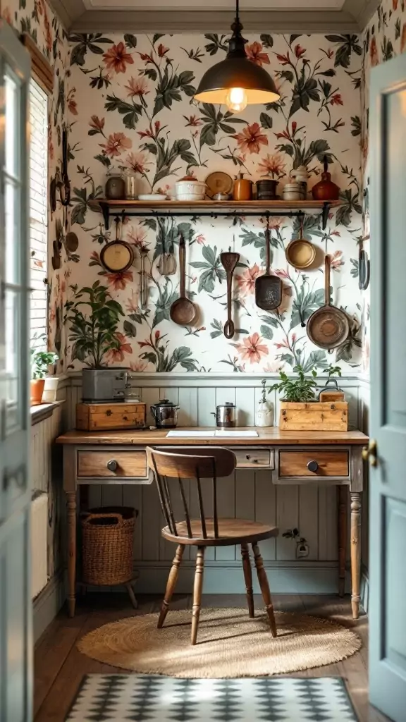 Vintage-inspired kitchen office nook with wooden desk and floral wallpaper