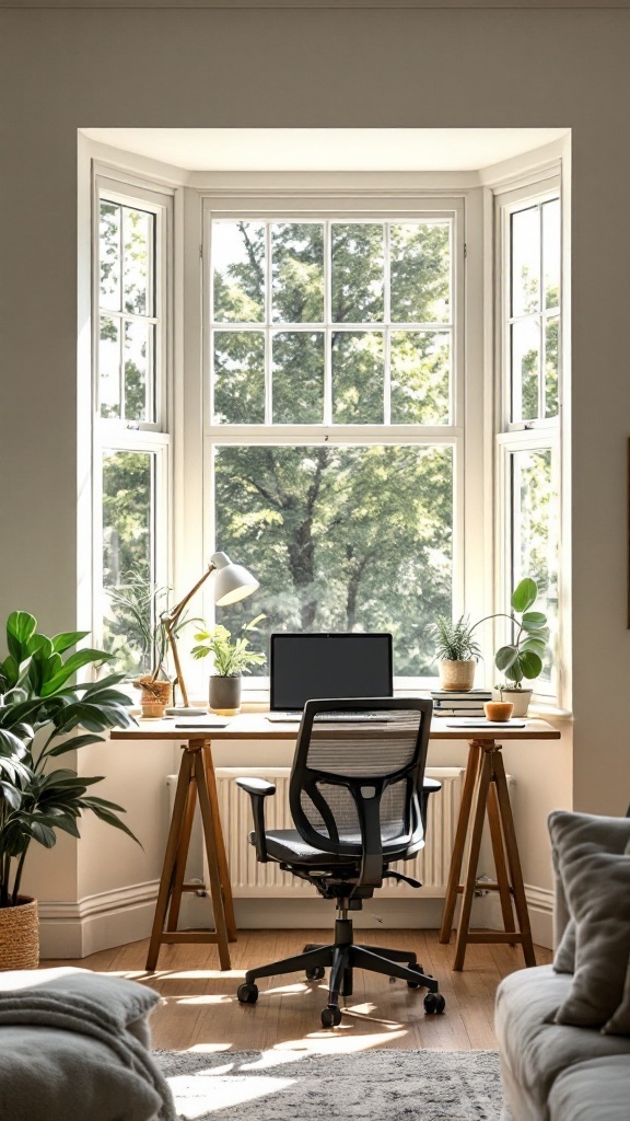 A bay window alcove with a stylish office setup including a desk, chair, and plants.