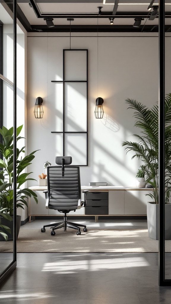 A stylish office interior featuring caged wall sconces and plants