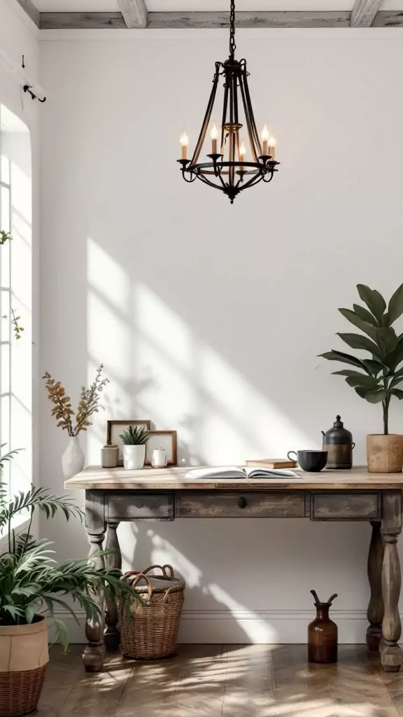 A rustic workspace featuring an iron chandelier hanging above a wooden desk with various decor elements.