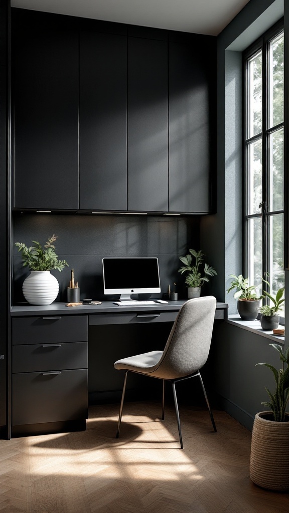 A modern black kitchen office nook with a desk, chair, and plants.
