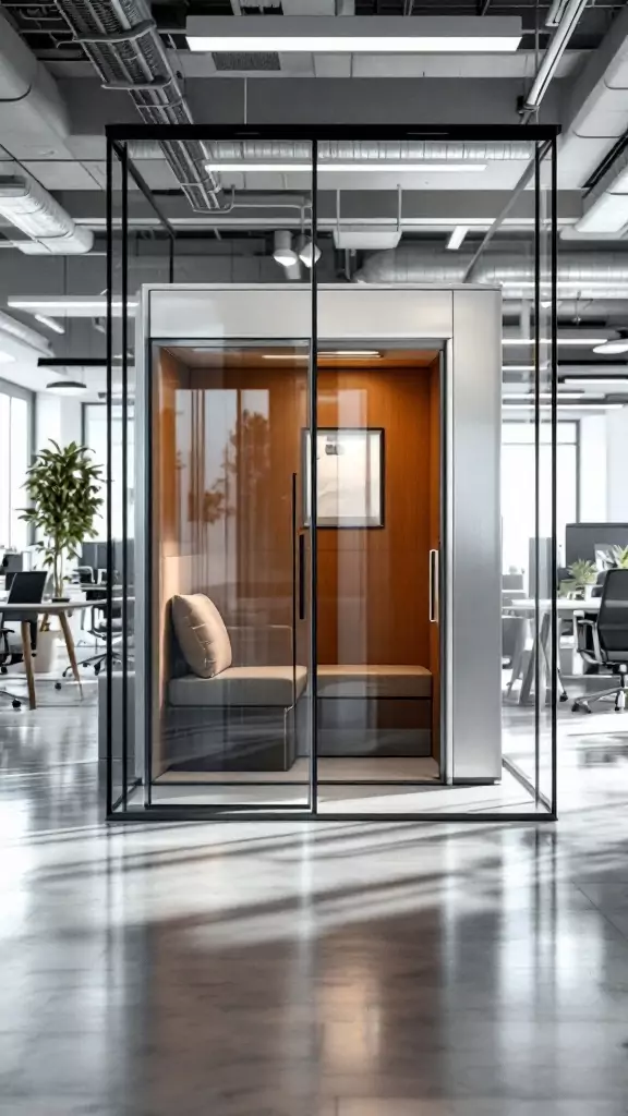 Soundproof phone booth in an open office layout