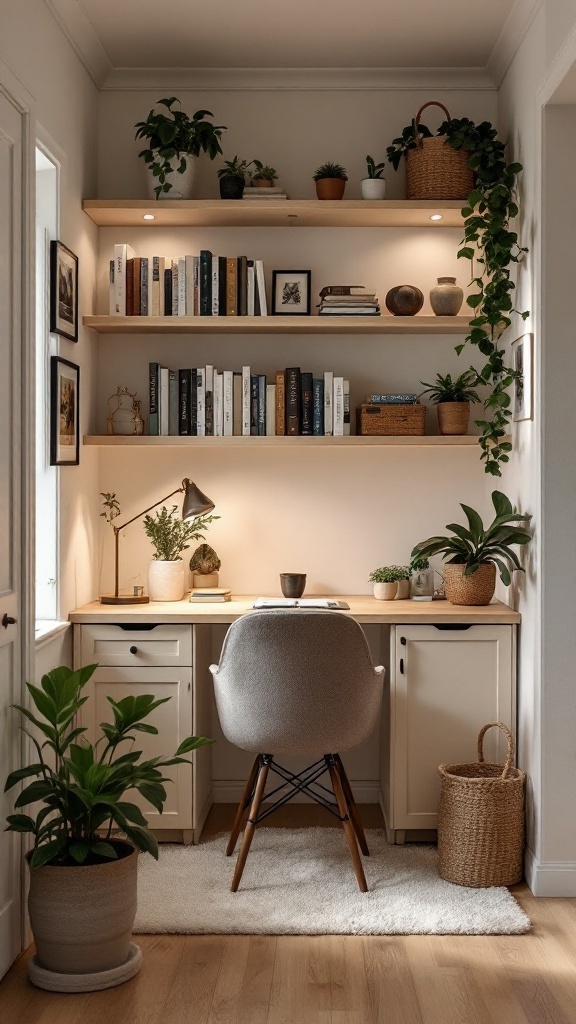 A cozy home office nook created from a closet with shelves, plants, and a desk.