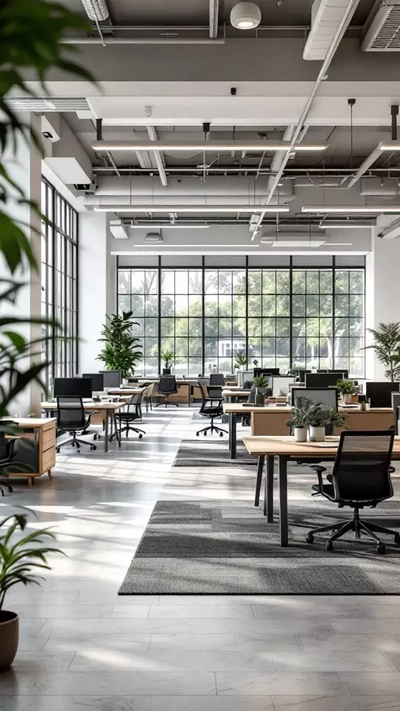 An open office layout featuring flexible desk clusters with plants and natural light.