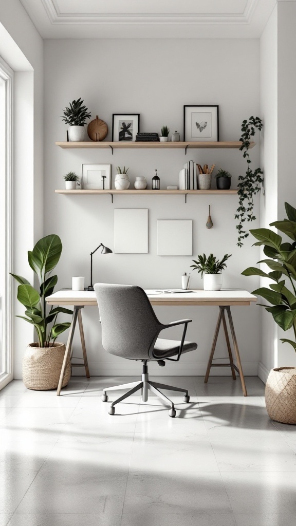 A minimalist kitchen office nook featuring a simple desk with a chair, plants, and decorative shelves.