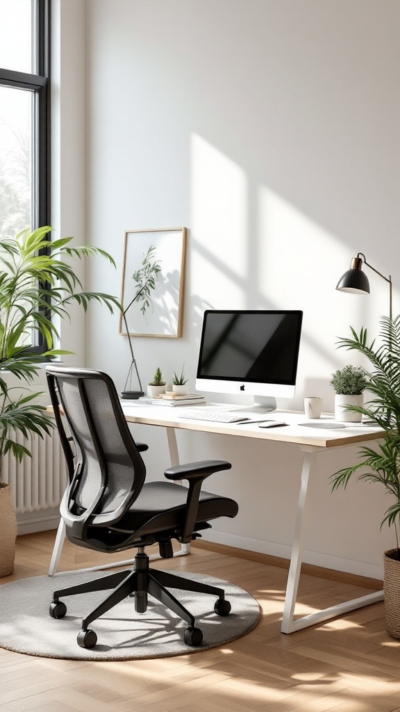 A minimalist office setup with a wooden desk, chair, and plants.