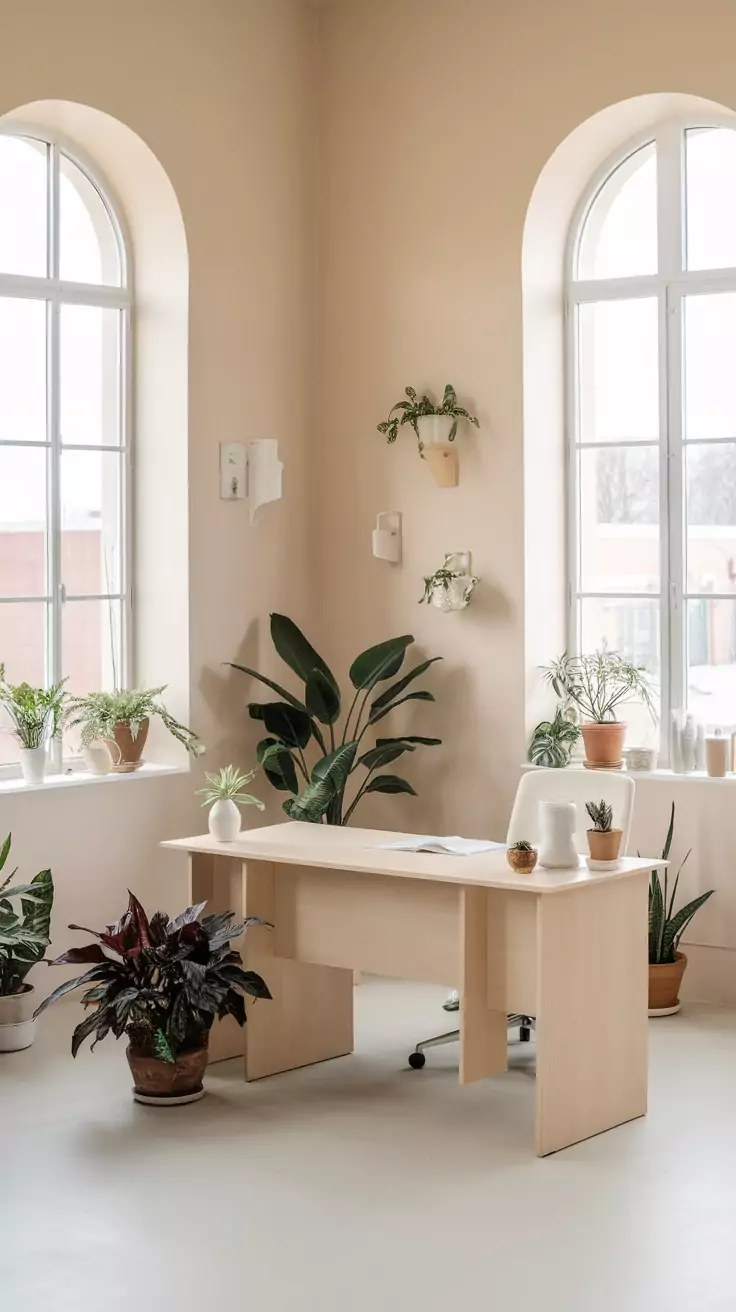 Minimalist office space with neutral colors and plants