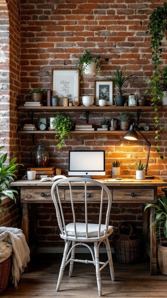 A rustic workspace featuring a reclaimed wood desk, plants, and brick wall decor.