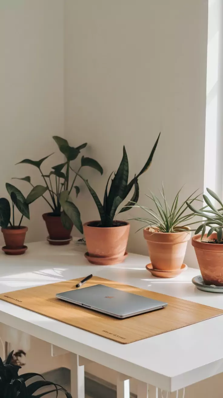 A minimalist desk with a bamboo desk mat, laptop, and potted plants.