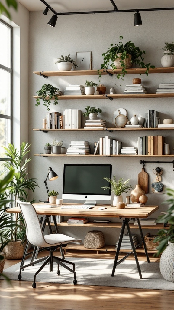 A stylish office interior featuring industrial pipe bookshelves with plants and decorative items.