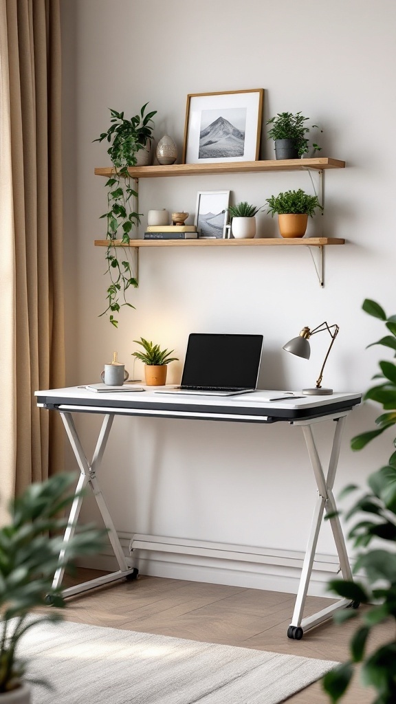 Rolling desk in a multi-use corner with plants and shelves