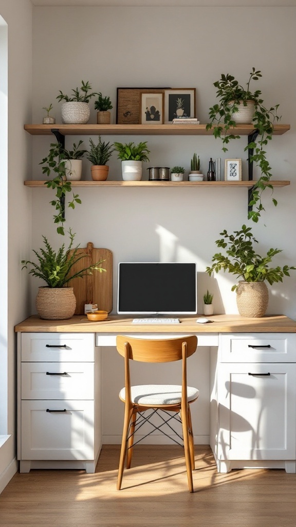 A stylish kitchen office nook featuring a desk with plants and decorative elements.
