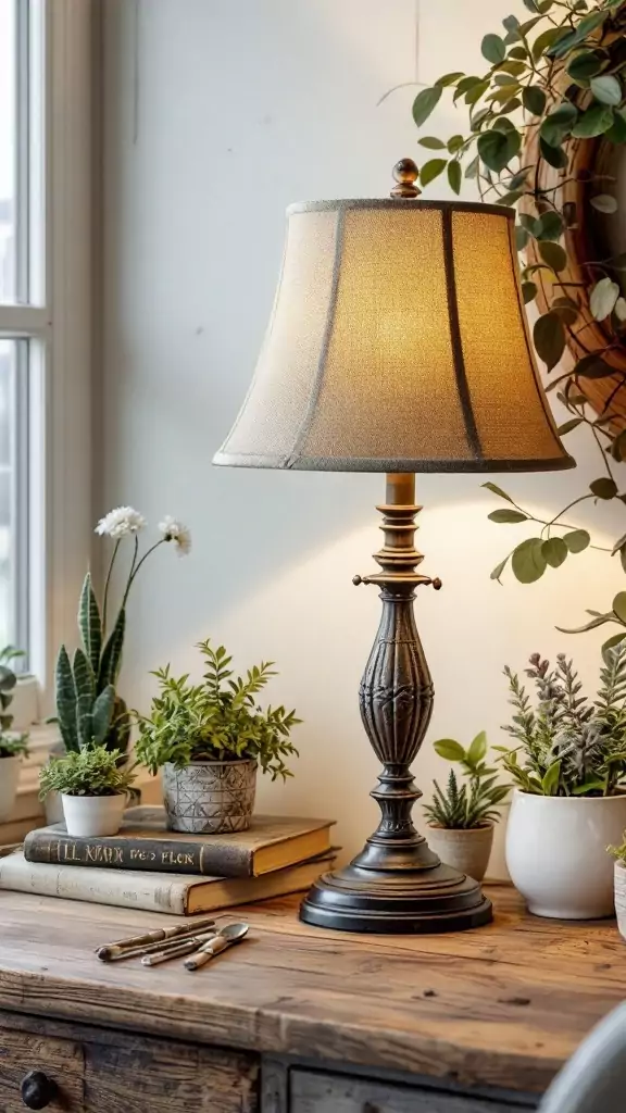 A vintage table lamp with a burlap shade on a rustic desk surrounded by plants and books.