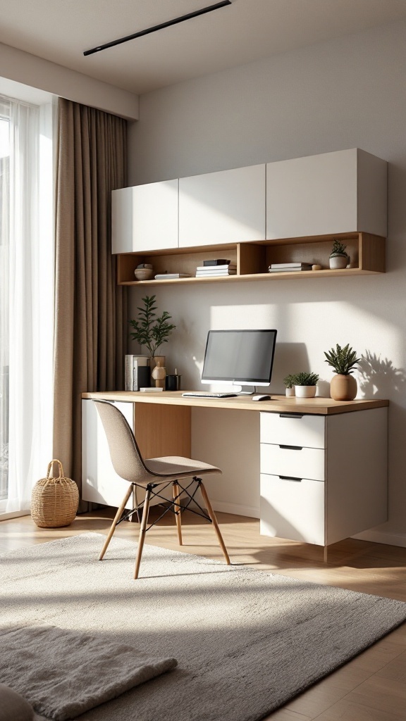 A corner L-shape desk with floating cabinets in a living room office setup.