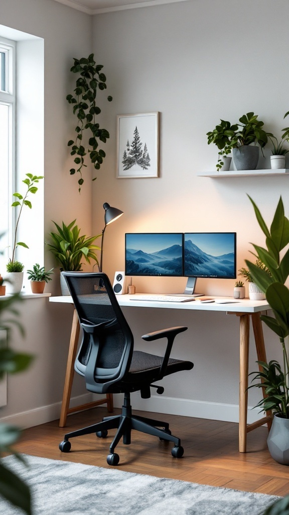High-tech home office nook featuring dual monitors, plants, and a cozy chair.