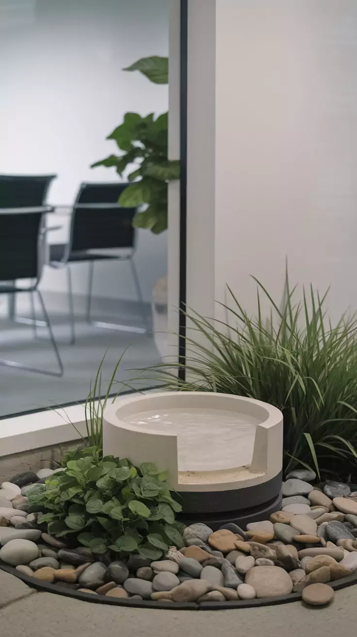 A small water fountain surrounded by pebbles and greenery in an office setting.