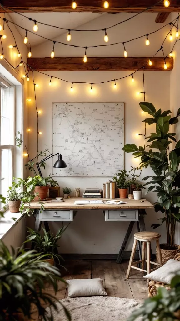 A cozy workspace with string lights, a wooden desk, and plants.