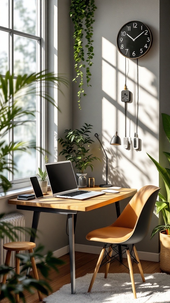 A modern small home office nook featuring a desk with a laptop, phone, and a charging station, surrounded by plants and natural light.