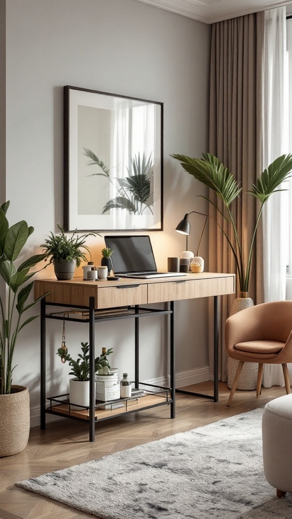 Compact desk and bar cart in a stylish living room setup.
