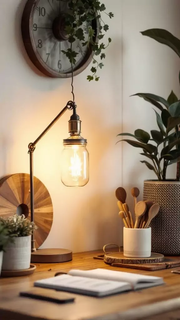 A stylish desk lamp made from a Mason jar, surrounded by rustic decor in a cozy workspace.