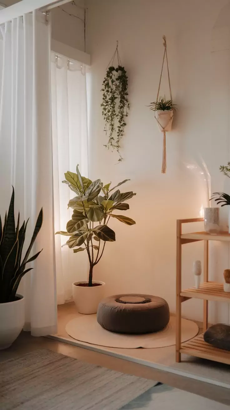 A cozy Zen nook with plants, a cushion, and soft lighting, perfect for a calming office space.