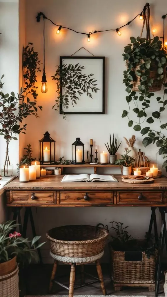 A cozy workspace featuring candles in rustic lanterns, enhancing the vintage boho interior design.