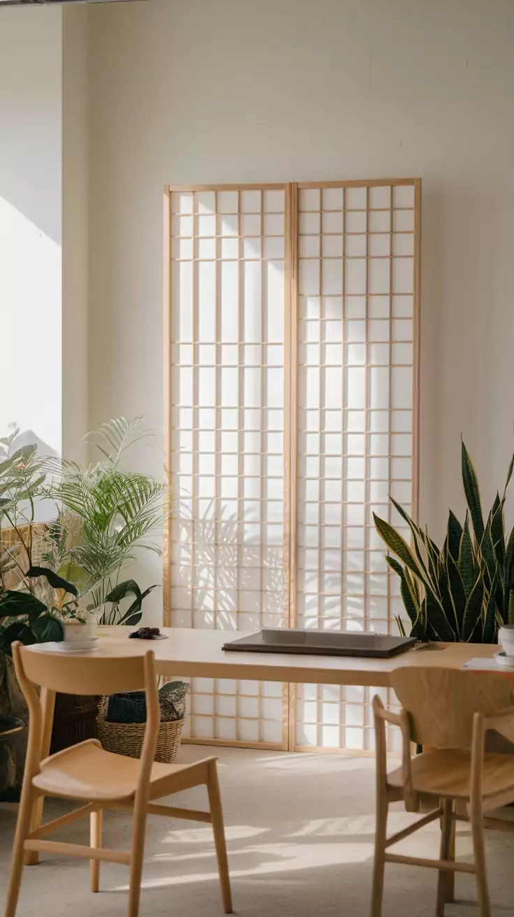 A Japanese shoji screen separating a workspace with plants and wooden furniture.