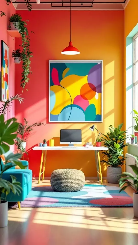 Bright and colorful office interior with plants and modern decor.
