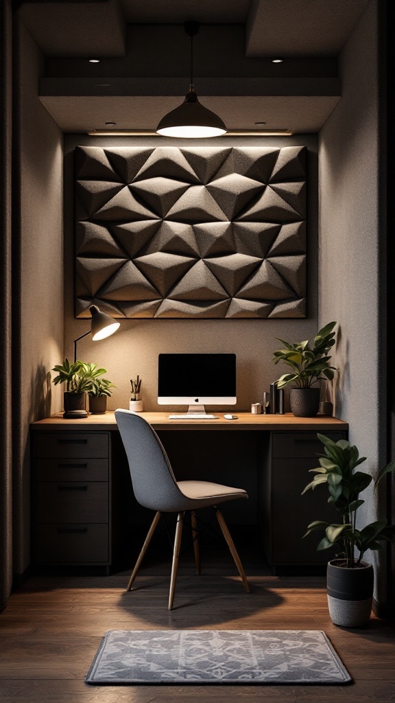 Small soundproofed office nook with acoustic panels, desk, and plants
