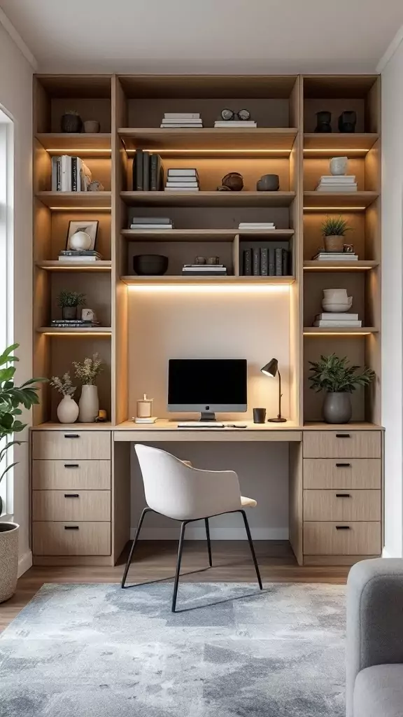 A modern work nook integrated into a storage wall, featuring shelves, a desk, and a comfortable chair.