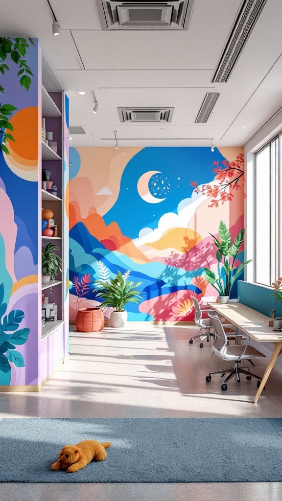 Colorful office interior with artistic wall murals, plants, and a cozy rug.