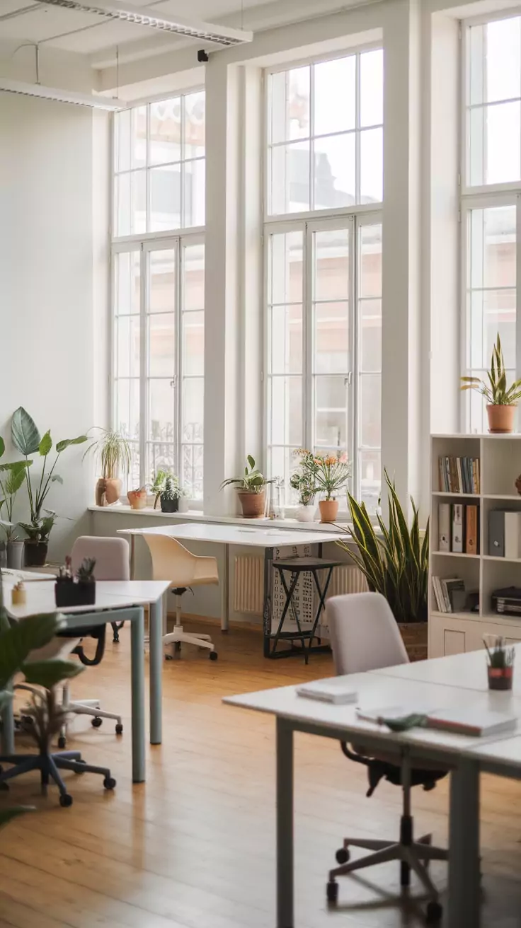 Bright, open office layout with plants and natural light